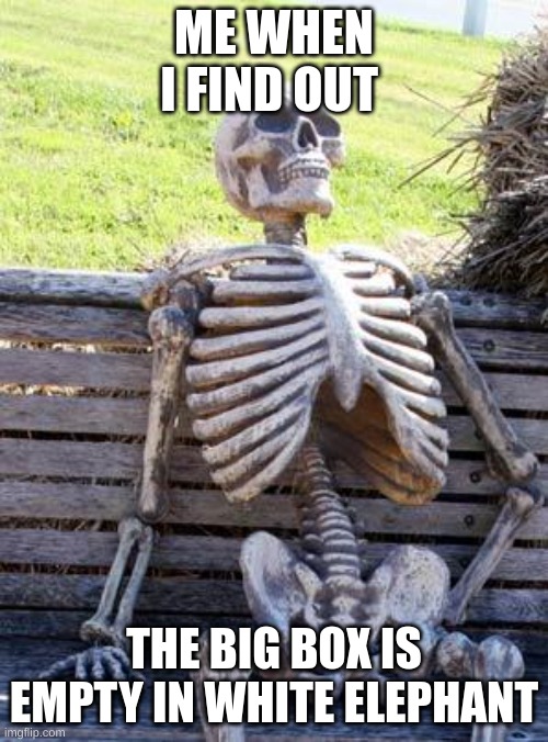 celebrate the holiday spirit by trolling your friends. and family. | ME WHEN I FIND OUT; THE BIG BOX IS EMPTY IN WHITE ELEPHANT | image tagged in memes,waiting skeleton | made w/ Imgflip meme maker