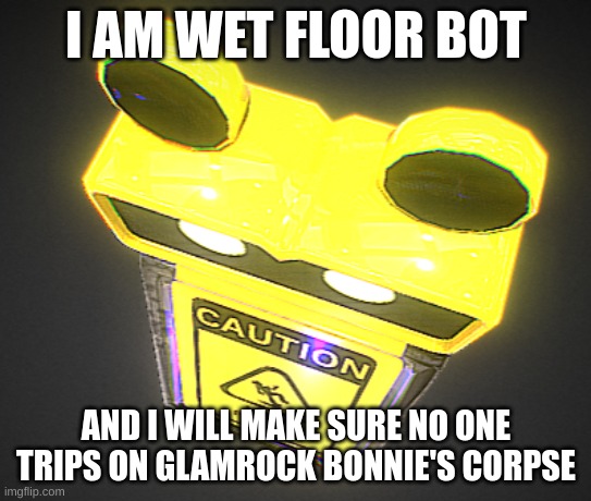 I AM WET FLOOR BOT; AND I WILL MAKE SURE NO ONE TRIPS ON GLAMROCK BONNIE'S CORPSE | image tagged in beep beep | made w/ Imgflip meme maker