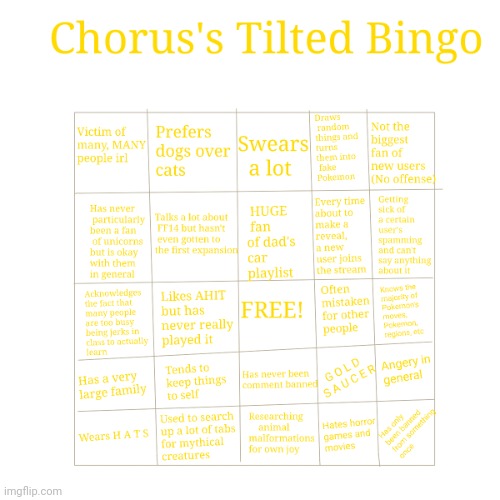 Yep this is all the information you need to know about me | image tagged in chorus's bingo | made w/ Imgflip meme maker