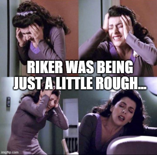 Mind Eff | RIKER WAS BEING JUST A LITTLE ROUGH... | image tagged in deanna troi suffering | made w/ Imgflip meme maker