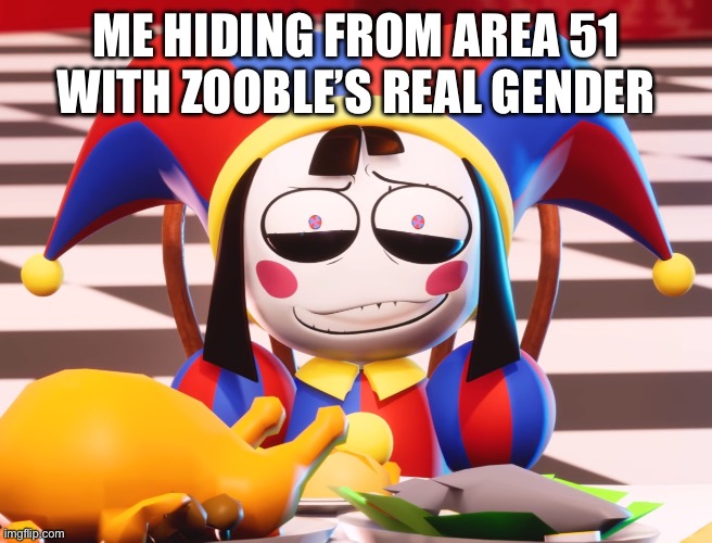 Pomni's beautiful pained smile | ME HIDING FROM AREA 51 WITH ZOOBLE’S REAL GENDER | image tagged in pomni's beautiful pained smile | made w/ Imgflip meme maker
