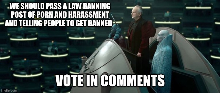 WE SHOULD PASS A LAW BANNING POST OF PORN AND HARASSMENT AND TELLING PEOPLE TO GET BANNED; VOTE IN COMMENTS | made w/ Imgflip meme maker