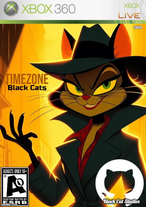 TimeZone:Black Cats. the first TimeZone DLC or game where you play as the villains! | TIMEZONE; Black Cats; Black Cat Studios | image tagged in idea,game,timezone,cartoon,movie,dlc cover | made w/ Imgflip meme maker