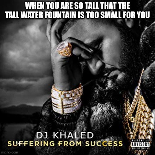 happened to me | WHEN YOU ARE SO TALL THAT THE TALL WATER FOUNTAIN IS TOO SMALL FOR YOU | image tagged in dj khaled suffering from success meme,water,fountain,water fountain,relatable,tall | made w/ Imgflip meme maker