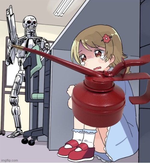 Anime Girl Hiding from Terminator | image tagged in anime girl hiding from terminator | made w/ Imgflip meme maker