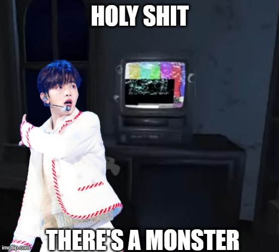 when you get the bad ending | HOLY SHIT; THERE'S A MONSTER | image tagged in zhang hao and tv | made w/ Imgflip meme maker