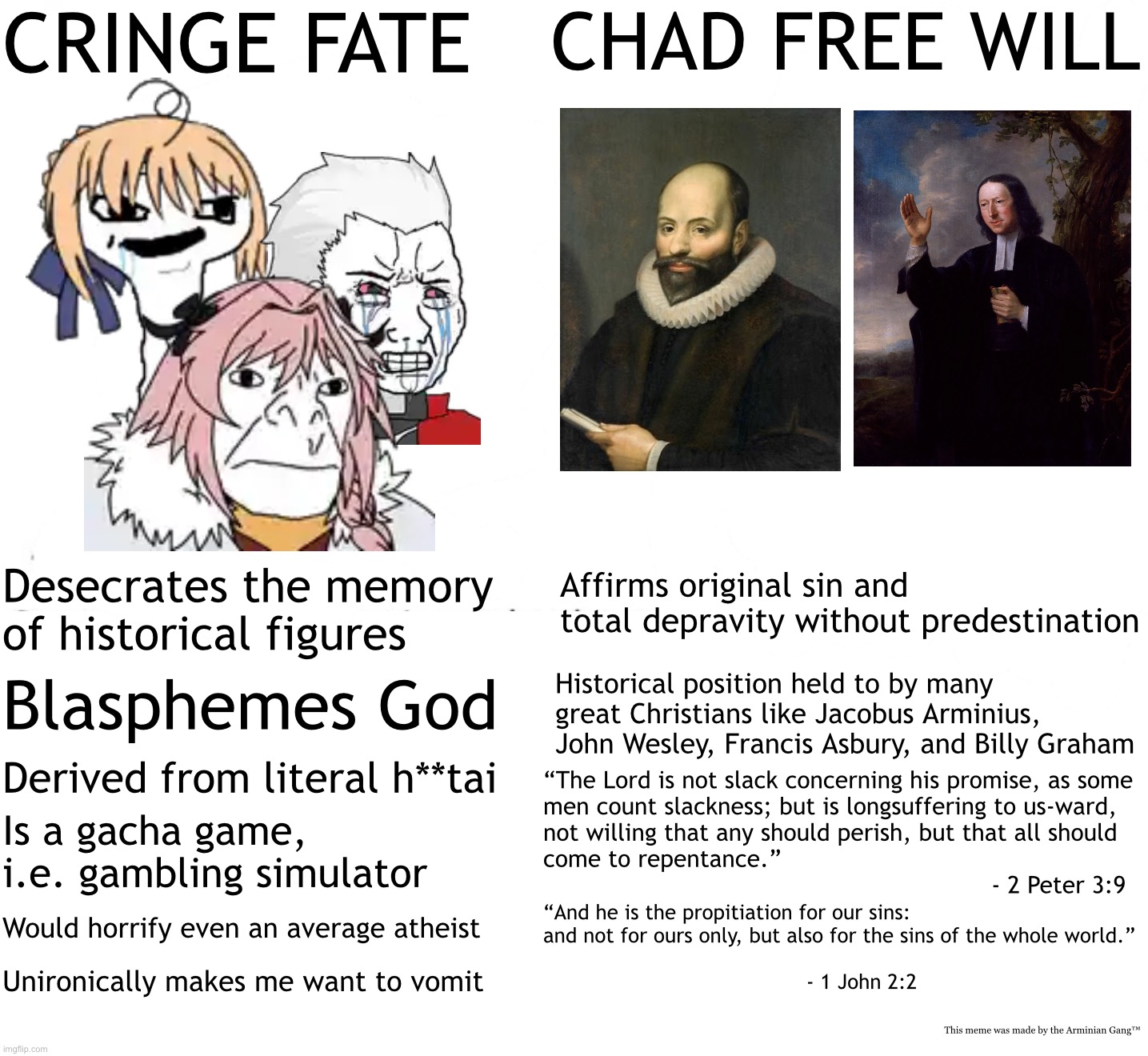 reject fate, embrace free will | CRINGE FATE; CHAD FREE WILL; Affirms original sin and total depravity without predestination; Desecrates the memory of historical figures; Historical position held to by many great Christians like Jacobus Arminius, John Wesley, Francis Asbury, and Billy Graham; Blasphemes God; Derived from literal h**tai; “The Lord is not slack concerning his promise, as some 
men count slackness; but is longsuffering to us-ward, 
not willing that any should perish, but that all should 
come to repentance.”
                                                              - 2 Peter 3:9; Is a gacha game, i.e. gambling simulator; “And he is the propitiation for our sins: and not for ours only, but also for the sins of the whole world.”
                                                                    - 1 John 2:2; Would horrify even an average atheist; Unironically makes me want to vomit; This meme was made by the Arminian Gang™ | image tagged in soyboy vs yes chad | made w/ Imgflip meme maker