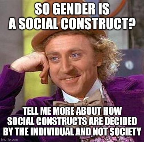 As a social construct, it's decided by society, not you | SO GENDER IS A SOCIAL CONSTRUCT? TELL ME MORE ABOUT HOW SOCIAL CONSTRUCTS ARE DECIDED BY THE INDIVIDUAL AND NOT SOCIETY | image tagged in memes,creepy condescending wonka | made w/ Imgflip meme maker