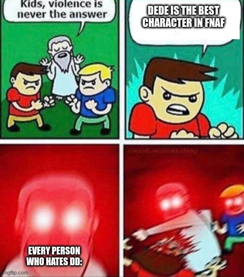 W H Y | DEDE IS THE BEST CHARACTER IN FNAF; EVERY PERSON WHO HATES DD: | image tagged in god punches kid red version,fnaf | made w/ Imgflip meme maker
