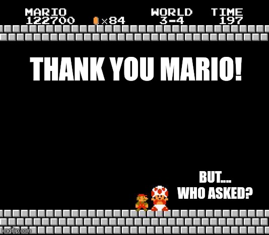 Thank You Mario | THANK YOU MARIO! BUT.... WHO ASKED? | image tagged in thank you mario | made w/ Imgflip meme maker