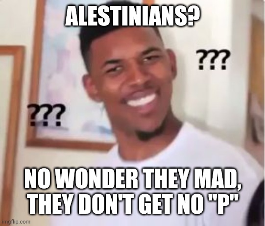 Nick Young | ALESTINIANS? NO WONDER THEY MAD, THEY DON'T GET NO "P" | image tagged in nick young | made w/ Imgflip meme maker