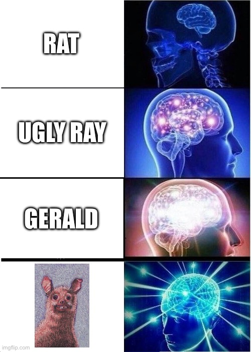 Ways to call gerald | RAT; UGLY RAY; GERALD; Text | image tagged in memes,expanding brain,gerald | made w/ Imgflip meme maker