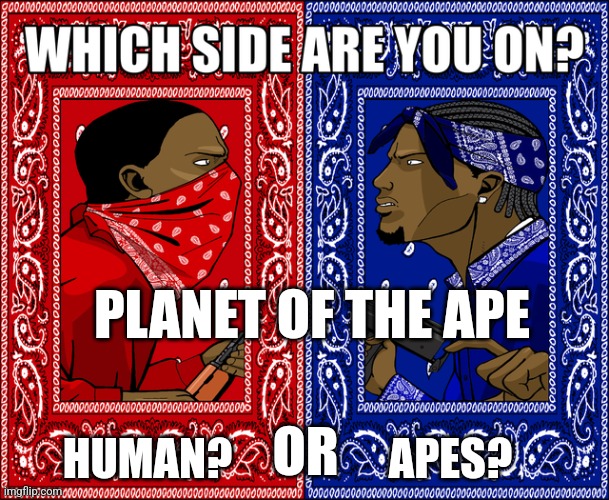 WHICH SIDE ARE YOU ON? | PLANET OF THE APE; HUMAN? APES? OR | image tagged in which side are you on | made w/ Imgflip meme maker