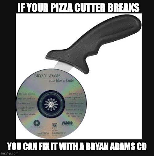 And it feels so nice... | IF YOUR PIZZA CUTTER BREAKS; YOU CAN FIX IT WITH A BRYAN ADAMS CD | image tagged in bryan adams,cuts like a knife | made w/ Imgflip meme maker