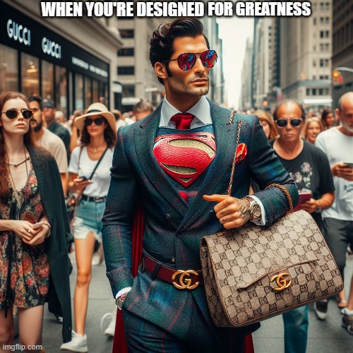Superman is designed for great things! ? | WHEN YOU'RE DESIGNED; FOR GREATNESS | image tagged in superman,gucci,designer,greatness,memes,funny | made w/ Imgflip meme maker
