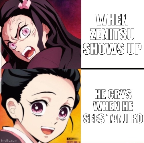 Nezuko Template | WHEN ZENITSU SHOWS UP; HE CRYS WHEN HE SEES TANJIRO | image tagged in nezuko template | made w/ Imgflip meme maker