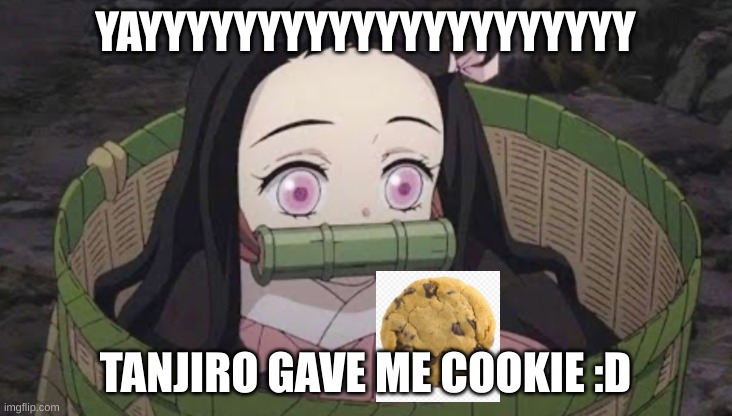 Nezuko with a cookie | YAYYYYYYYYYYYYYYYYYYYYY; TANJIRO GAVE ME COOKIE :D | image tagged in nezuko with a cookie | made w/ Imgflip meme maker