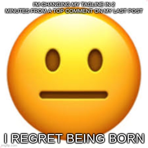 :| | I'M CHANGING MY TAGLINE IN 2 MINUTES FROM A TOP COMMENT ON MY LAST POST; I REGRET BEING BORN | image tagged in not funny | made w/ Imgflip meme maker