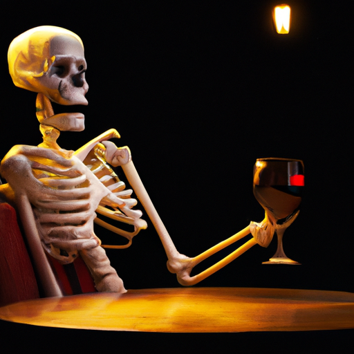 High Quality sad Skeleton sitting on an empty dark pub hold a glass of wine Blank Meme Template