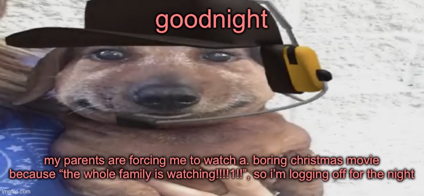 i might sneak in a comment or two every few minutes | goodnight; my parents are forcing me to watch a. boring christmas movie because “the whole family is watching!!!!1!!”, so i’m logging off for the night | image tagged in chucklenuts | made w/ Imgflip meme maker