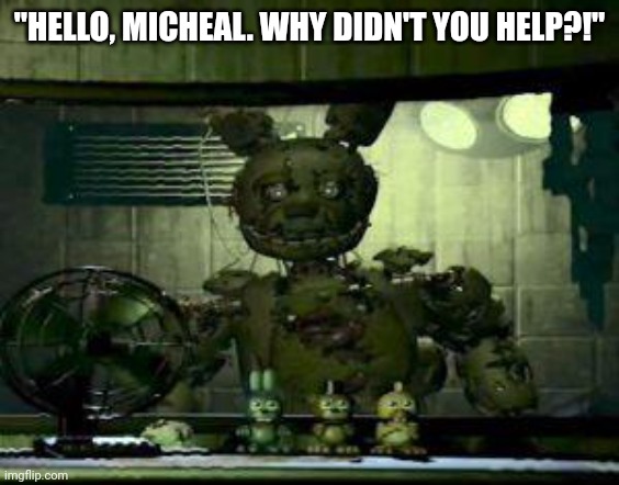 FNAF Springtrap in window | "HELLO, MICHEAL. WHY DIDN'T YOU HELP?!" | image tagged in fnaf springtrap in window | made w/ Imgflip meme maker