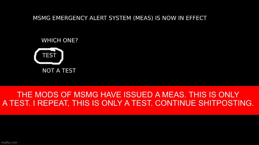 MEAS | THE MODS OF MSMG HAVE ISSUED A MEAS. THIS IS ONLY A TEST. I REPEAT, THIS IS ONLY A TEST. CONTINUE SHITPOSTING. | image tagged in meas | made w/ Imgflip meme maker