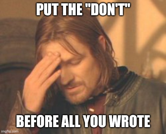 one does not simply meme but the guy is facepalming | PUT THE "DON'T" BEFORE ALL YOU WROTE | image tagged in one does not simply meme but the guy is facepalming | made w/ Imgflip meme maker