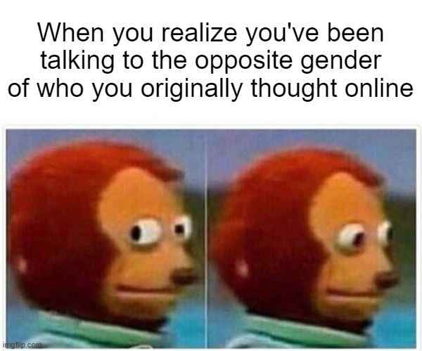 Oopsies | When you realize you've been talking to the opposite gender of who you originally thought online | image tagged in memes,monkey puppet,funny | made w/ Imgflip meme maker