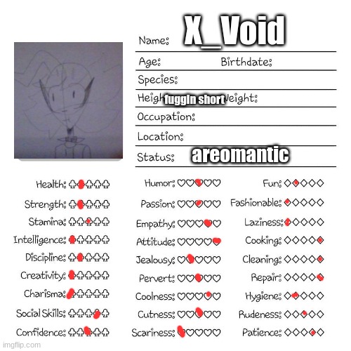 To let you get to know me better | X_Void; fuggin short; areomantic | image tagged in profile card,me,hi | made w/ Imgflip meme maker