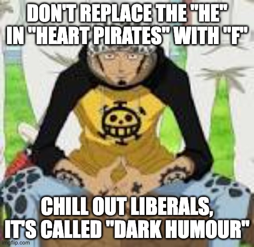 Fart pirates, relax it's called "dark humour" | DON'T REPLACE THE "HE" IN "HEART PIRATES" WITH "F"; CHILL OUT LIBERALS, IT'S CALLED "DARK HUMOUR" | image tagged in dark humor | made w/ Imgflip meme maker