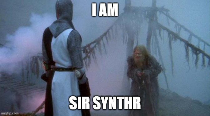 Synthr meme | I AM; SIR SYNTHR | image tagged in troll bridge monty python | made w/ Imgflip meme maker