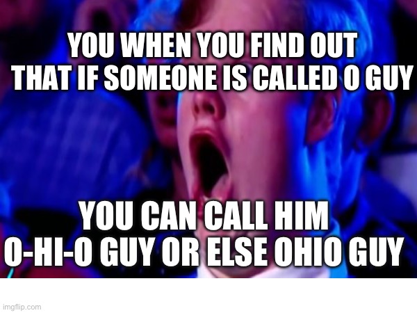 OHIO GUY | YOU WHEN YOU FIND OUT THAT IF SOMEONE IS CALLED O GUY; YOU CAN CALL HIM O-HI-O GUY OR ELSE OHIO GUY | image tagged in ohio | made w/ Imgflip meme maker