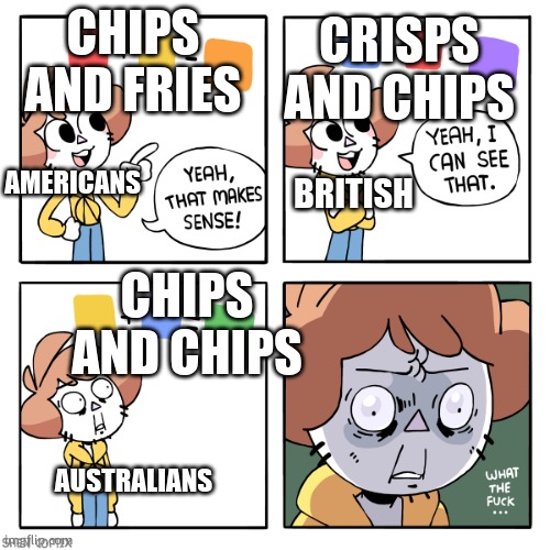 why must we do this | CRISPS AND CHIPS; CHIPS AND FRIES; AMERICANS; BRITISH; CHIPS AND CHIPS; AUSTRALIANS | image tagged in shen comix colors | made w/ Imgflip meme maker