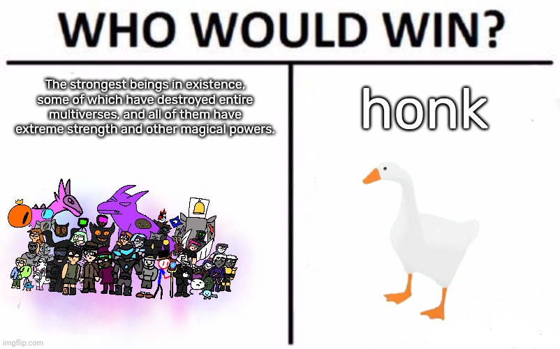 GOOSE SOLOS!!!1! | honk; The strongest beings in existence, some of which have destroyed entire multiverses, and all of them have extreme strength and other magical powers. | image tagged in memes,who would win | made w/ Imgflip meme maker