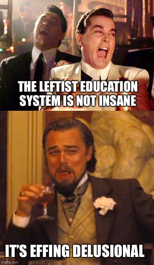 THE LEFTIST EDUCATION SYSTEM IS NOT INSANE IT’S EFFING DELUSIONAL | image tagged in memes,good fellas hilarious,laughing leo | made w/ Imgflip meme maker