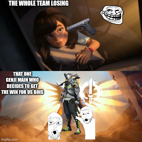 Overwatch memes all of us can relate to | THE WHOLE TEAM LOSING; THAT ONE GENJI MAIN WHO DECIDES TO GET THE WIN FOR US BOIS | image tagged in overwatch mercy meme | made w/ Imgflip meme maker