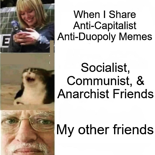 When I Share Anti-Capitalist Anti-Duopoly Memes; Socialist, Communist, & Anarchist Friends; My other friends | image tagged in capitalists,duopoly,anachists,communists,socialists | made w/ Imgflip meme maker
