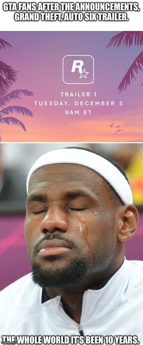 GTA.6 | GTA FANS AFTER THE ANNOUNCEMENTS, GRAND THEFT, AUTO SIX TRAILER. THE WHOLE WORLD IT’S BEEN 10 YEARS. | image tagged in lebron james crying | made w/ Imgflip meme maker