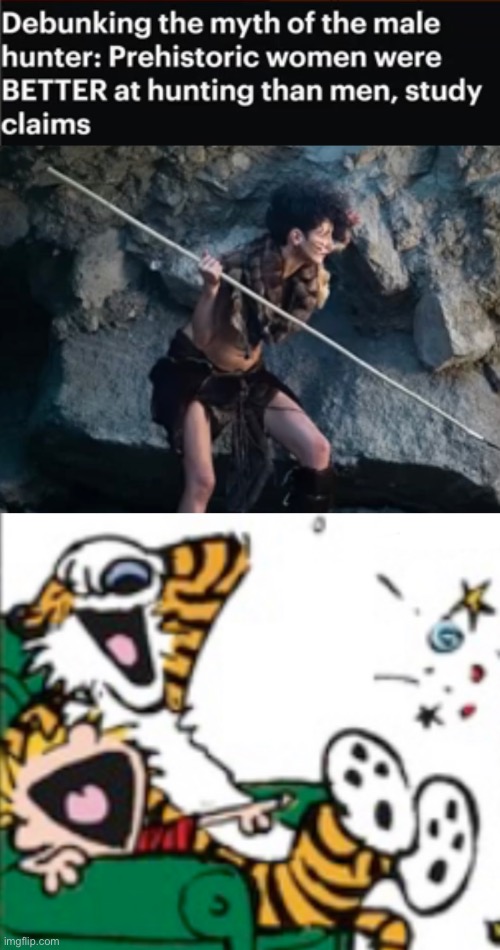 Love how the female trog looks like a modern feminist | image tagged in calvin and hobbes laugh | made w/ Imgflip meme maker