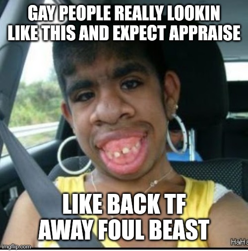 ugly girl | GAY PEOPLE REALLY LOOKIN LIKE THIS AND EXPECT APPRAISE; LIKE BACK TF AWAY FOUL BEAST | image tagged in ugly girl | made w/ Imgflip meme maker