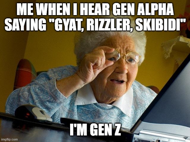 Grandma Finds The Internet Meme | ME WHEN I HEAR GEN ALPHA SAYING "GYAT, RIZZLER, SKIBIDI"; I'M GEN Z | image tagged in memes,grandma finds the internet | made w/ Imgflip meme maker