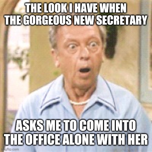 Gorgeous Secretary | THE LOOK I HAVE WHEN THE GORGEOUS NEW SECRETARY; ASKS ME TO COME INTO THE OFFICE ALONE WITH HER | image tagged in ralph furley,funny memes | made w/ Imgflip meme maker