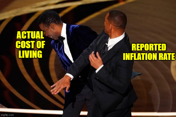 Will Smith Slap | ACTUAL
COST OF
LIVING; REPORTED INFLATION RATE | image tagged in will smith slap | made w/ Imgflip meme maker
