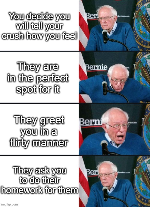 Bernie Sander Reaction (change) | You decide you will tell your crush how you feel; They are in the perfect spot for it; They greet you in a flirty manner; They ask you to do their homework for them | image tagged in bernie sander reaction change | made w/ Imgflip meme maker