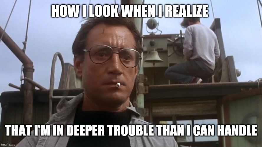Deep trouble | HOW I LOOK WHEN I REALIZE; THAT I'M IN DEEPER TROUBLE THAN I CAN HANDLE | image tagged in going to need a bigger boat,funny memes | made w/ Imgflip meme maker