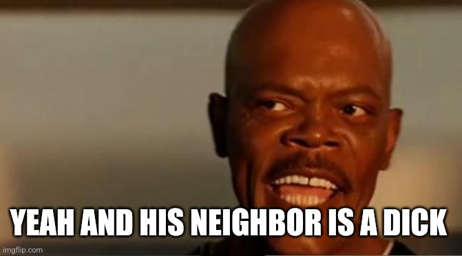 Snakes on the Plane Samuel L Jackson | YEAH AND HIS NEIGHBOR IS A DICK | image tagged in snakes on the plane samuel l jackson | made w/ Imgflip meme maker