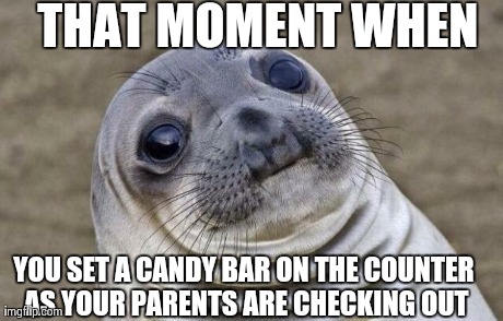 Awkward Moment Sealion Meme | THAT MOMENT WHEN YOU SET A CANDY BAR ON THE COUNTER AS YOUR PARENTS ARE CHECKING OUT | image tagged in heavy breathing seal,AdviceAnimals | made w/ Imgflip meme maker