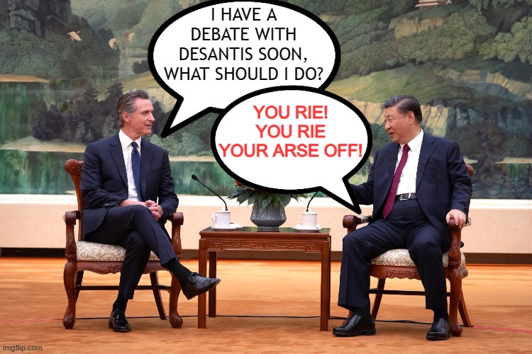 Newsome gets his orders from daddy | I HAVE A DEBATE WITH DESANTIS SOON, WHAT SHOULD I DO? YOU RIE! YOU RIE YOUR ARSE OFF! | image tagged in newscum,xi,spy for china | made w/ Imgflip meme maker