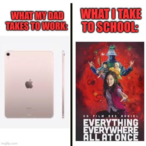 Who else had back problems by the age of 12? | WHAT MY DAD TAKES TO WORK:; WHAT I TAKE TO SCHOOL: | image tagged in memes,blank transparent square | made w/ Imgflip meme maker