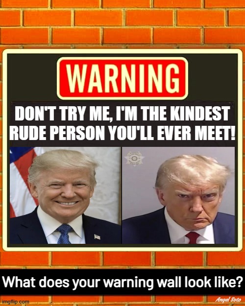 Trump's warning wall | DON'T TRY ME, I'M THE KINDEST
RUDE PERSON YOU'LL EVER MEET! What does your warning wall look like? Angel Soto | image tagged in trump's warning wall,donald trump,presidential alert,presidential race,trump wall,brick wall | made w/ Imgflip meme maker